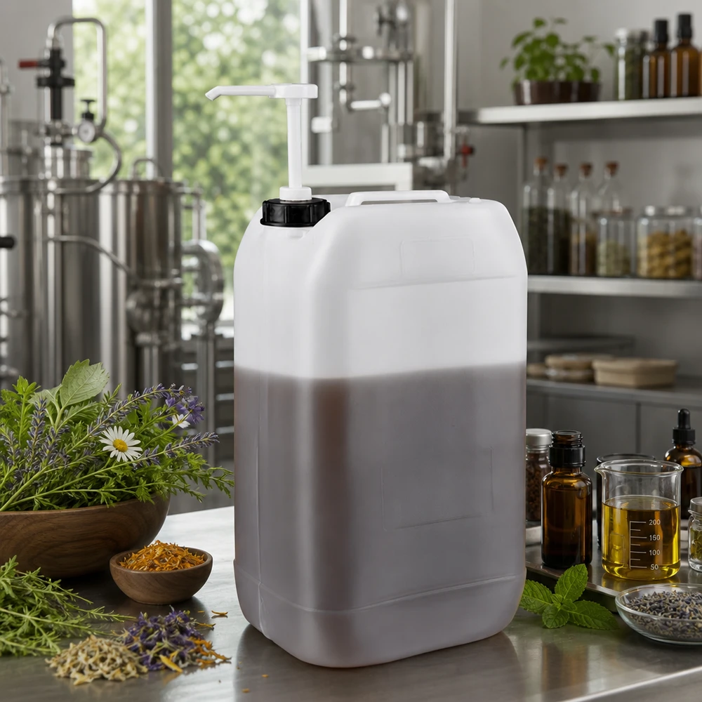 Bidon de 15 litres muni d'une pompe doseuse, entouré de plantes médicinales (lavande) et d'huiles essentielles, utilisé dans la fabrication de cosmétiques naturels