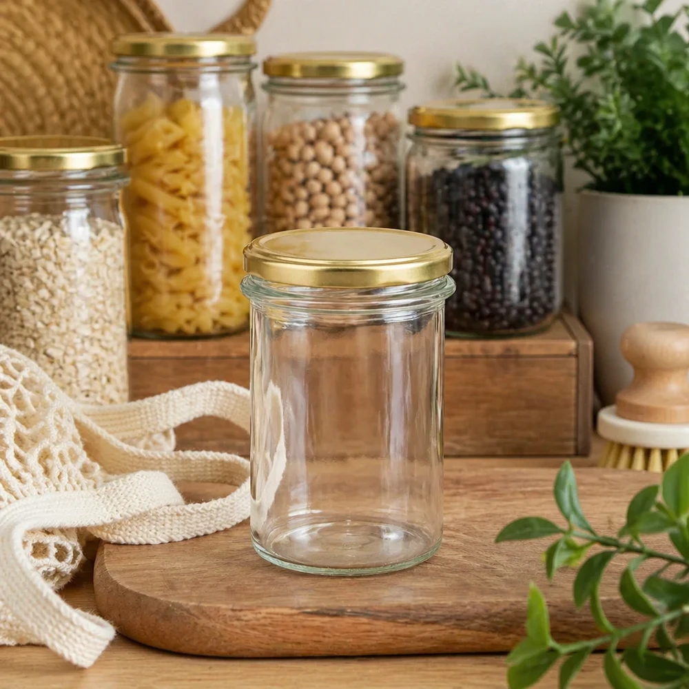 230ml bocal vide BasicSeal couvercle doré UNiTWIST dans la cuisine Zero Waste avec bocaux à provisions et plantes