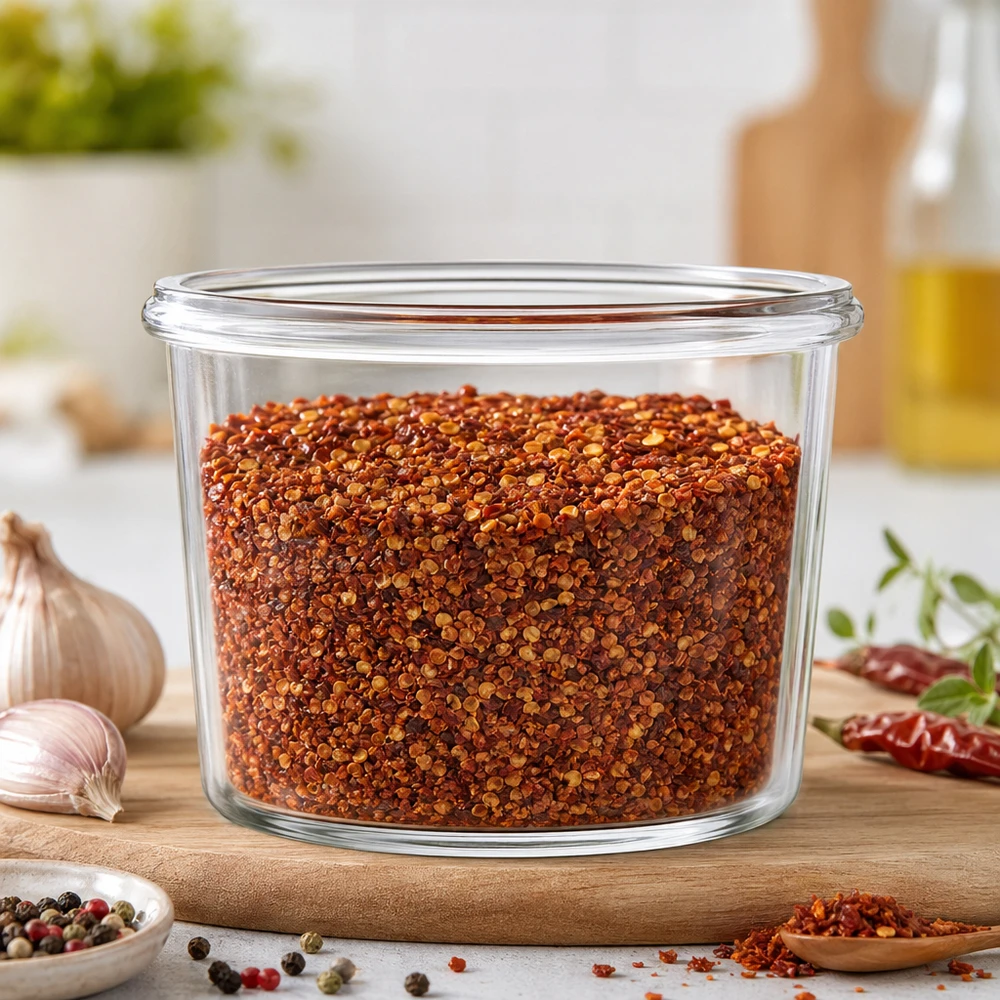 WECK Pot renversé 35ml RR40 rempli de mélange d'épices au chili dans une cuisine moderne sur une planche en bois