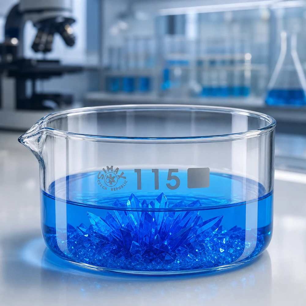 Coupelle de cristallisation 500 ml avec bec verseur Bol plat en verre de 500 ml avec des cristaux bleus, en verre borosilicaté de laboratoire SIMAX, diamètre 115 mm