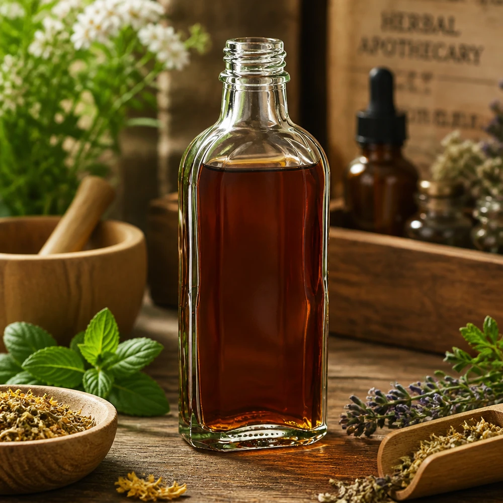 Flacon en verre de pharmacie de 100 ml, flacon Meplat transparent avec bouchon DIN22, parmi les plantes médicinales