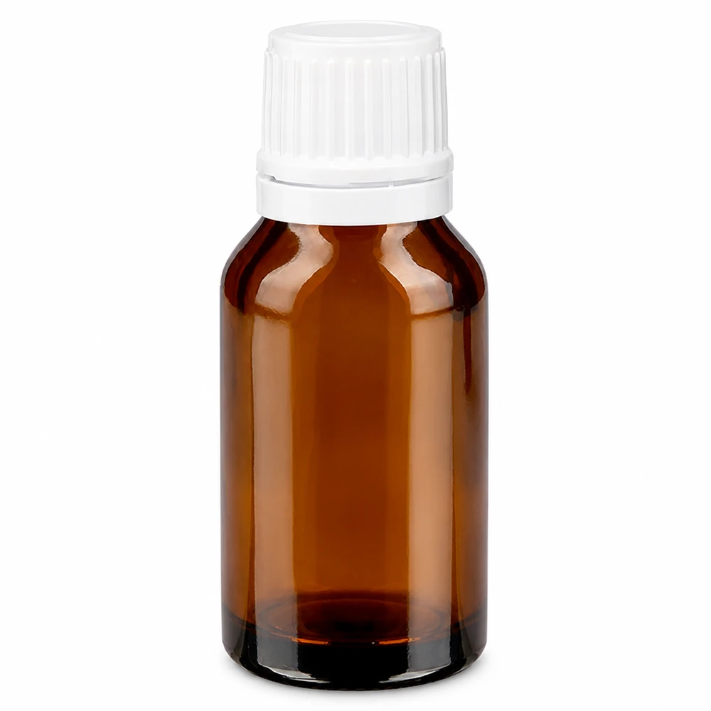 Flacon de pharmacie brun de 15 ml avec bouchon d'inviolabilité blanc en verre brun