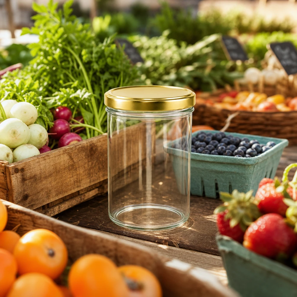 435ml Verre conique avec couvercle BasicSeal or UNiTWIST Verre renversé de 435 ml UNiTWIST avec couvercle doré entre des fruits et légumes frais sur une table en bois rustique