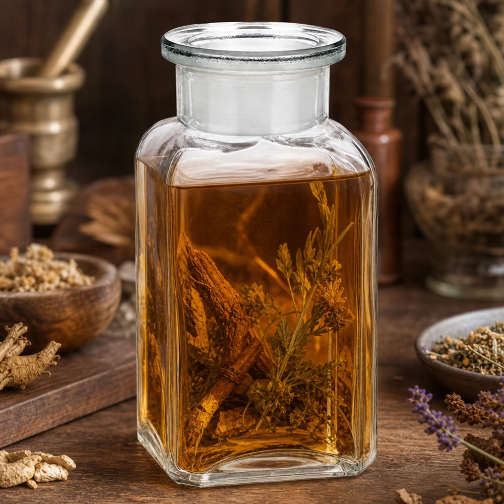 Flacon carré col large 100 ml + bouchon RIN, verre clair Flacon carré transparent de 100 ml contenant un extrait de plantes et une branche de sureau, posé sur une table en bois rustique