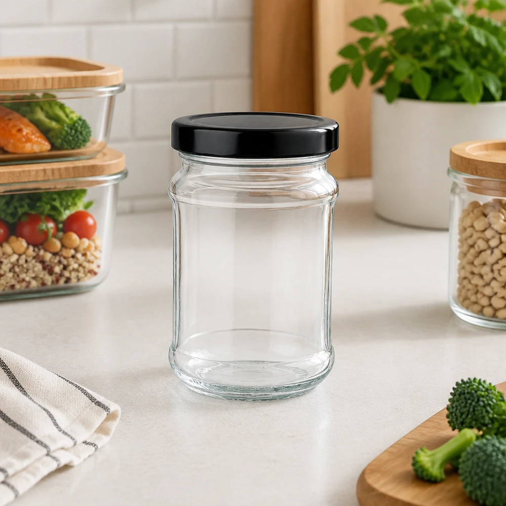 390ml Verre rond avec couvercle BasicSeal noir UNiTWIST Bocal rond de 390 ml avec couvercle BasicSeal noir vide sur le comptoir de la cuisine entre les récipients de stockage avec légumes et légumineuses