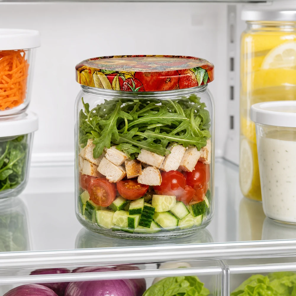 Bocal rond de 408ml comme saladier dans le réfrigérateur avec couvercle BasicSeal décor fruits pour Meal Prep et conservation