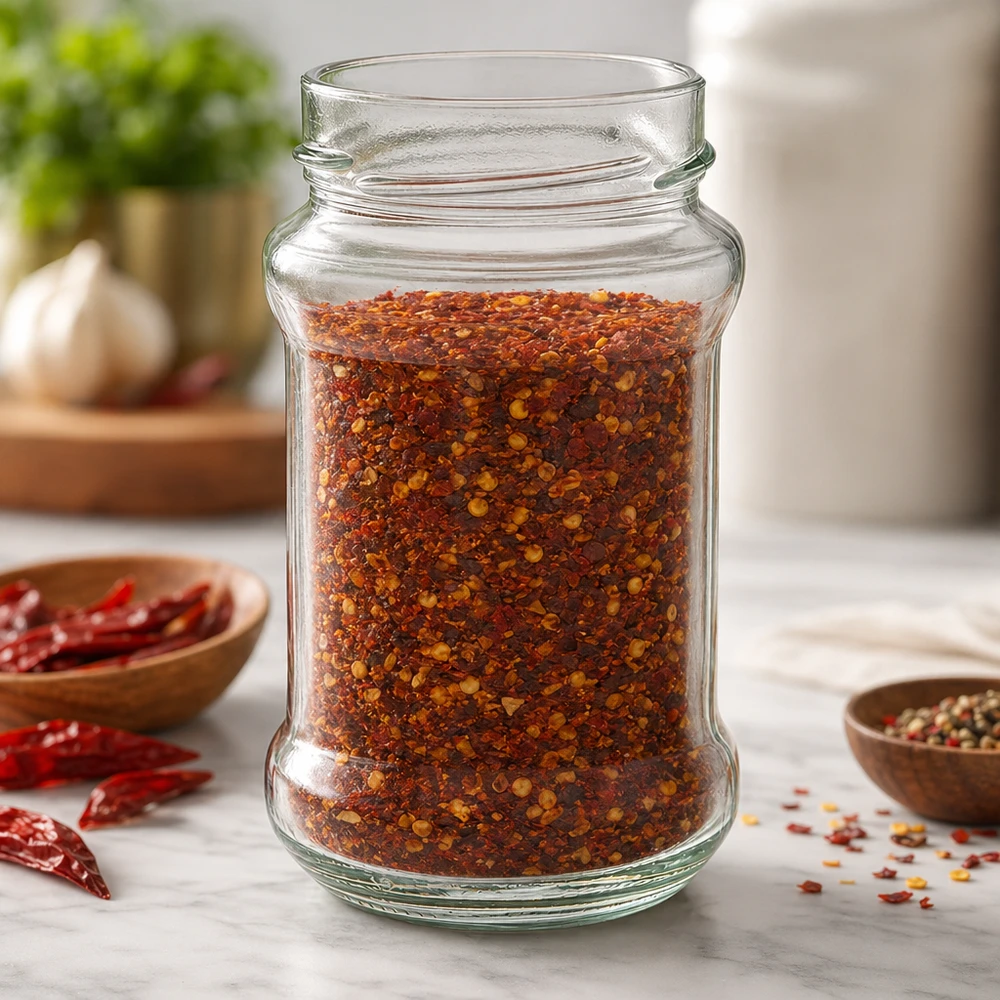 Bocal rond de 390ml rempli de mélange d'épices au chili UNiTWIST Runda390 TO66deep Bocal en verre pour la cuisine et les provisions