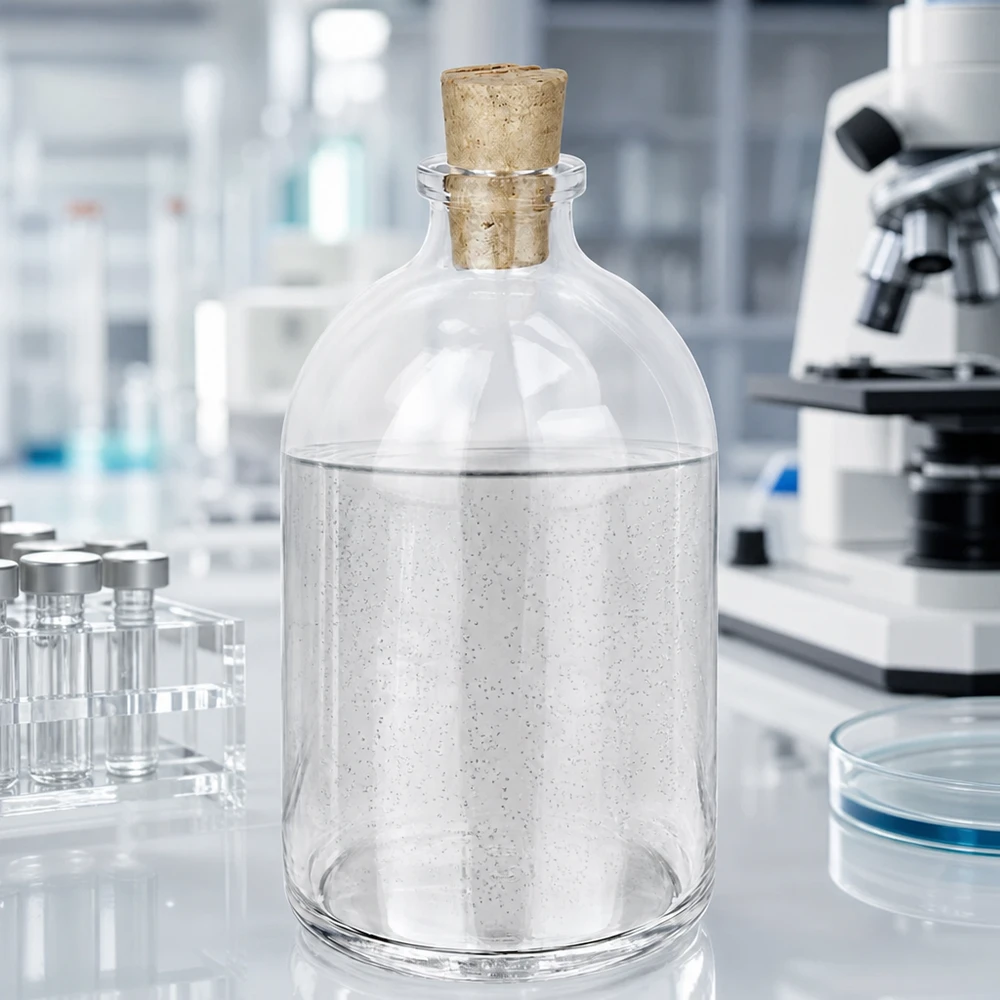 Verschlossene Klarglasflasche 100ml mit Korken 11/14mm und milchig weißem Laborinhalt