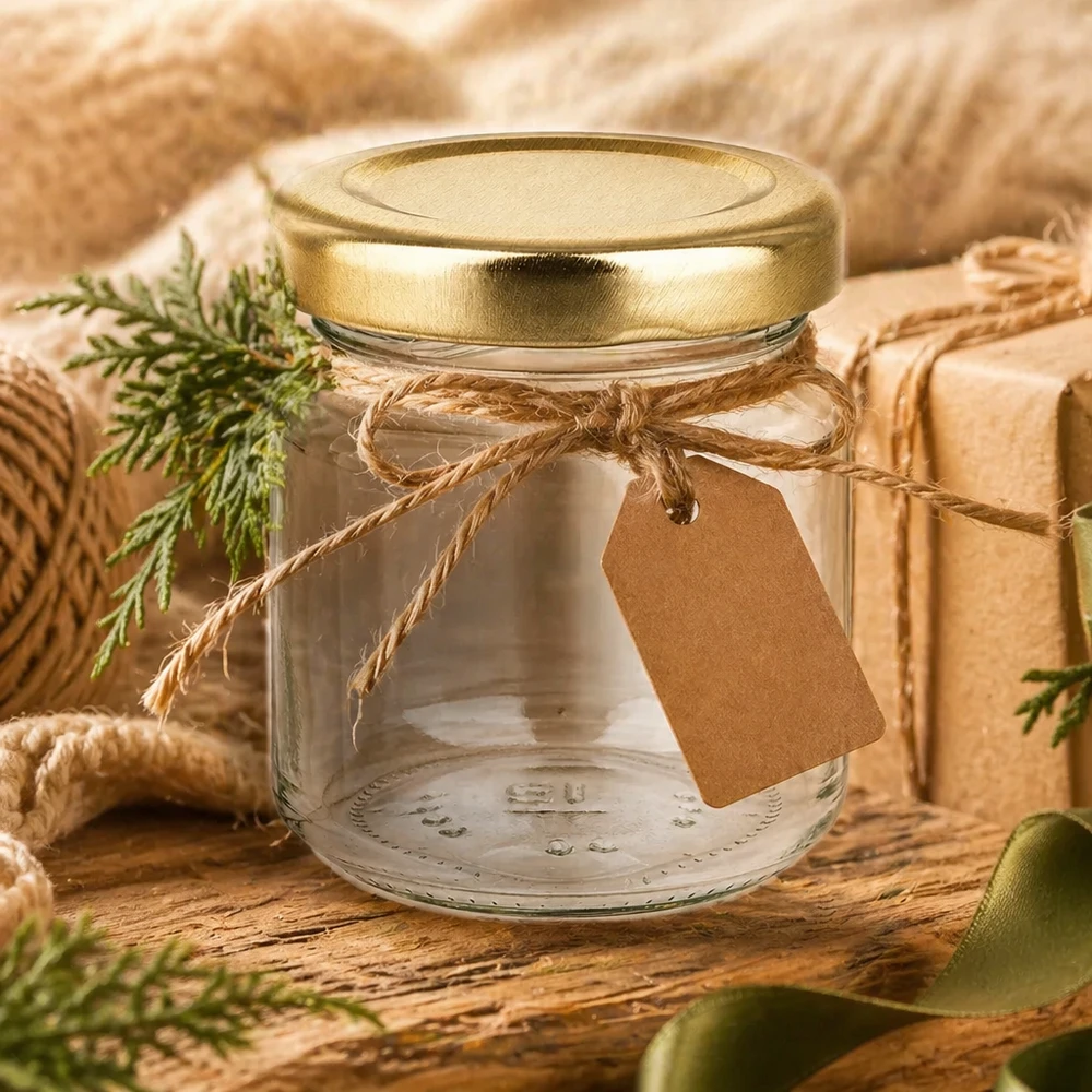 53ml Verre rond avec couvercle BasicSeal or UNiTWIST 53ml verre rond UNiTWIST avec couvercle doré comme idée de cadeau décoré avec un ruban en raphia et un pendentif