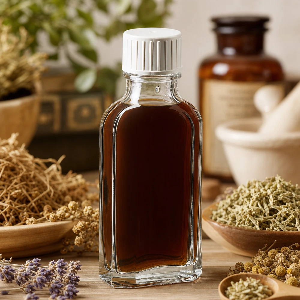 Flacon transparent « Meplat » de 50 ml avec bouchon à vis, destiné aux extraits de plantes et aux teintures