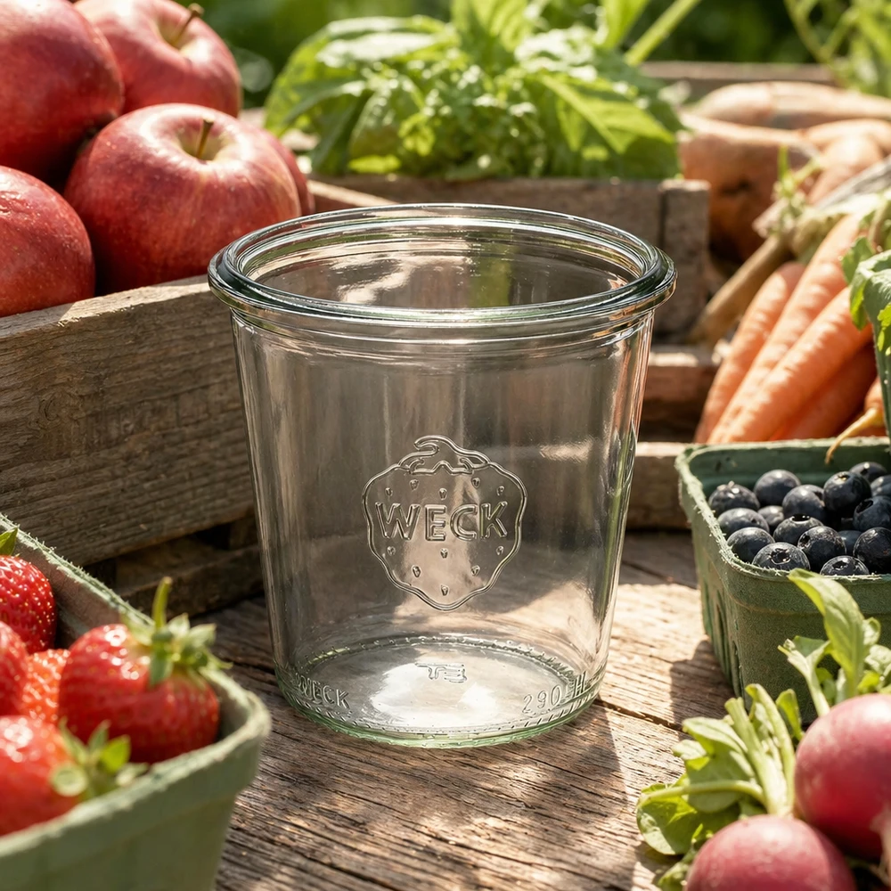 Bocal en verre de 290 ml, haut, WECK RR80 WECK Verre renversé 290ml RR80 haut en verre avec logo entouré de fruits et légumes frais sur table en bois