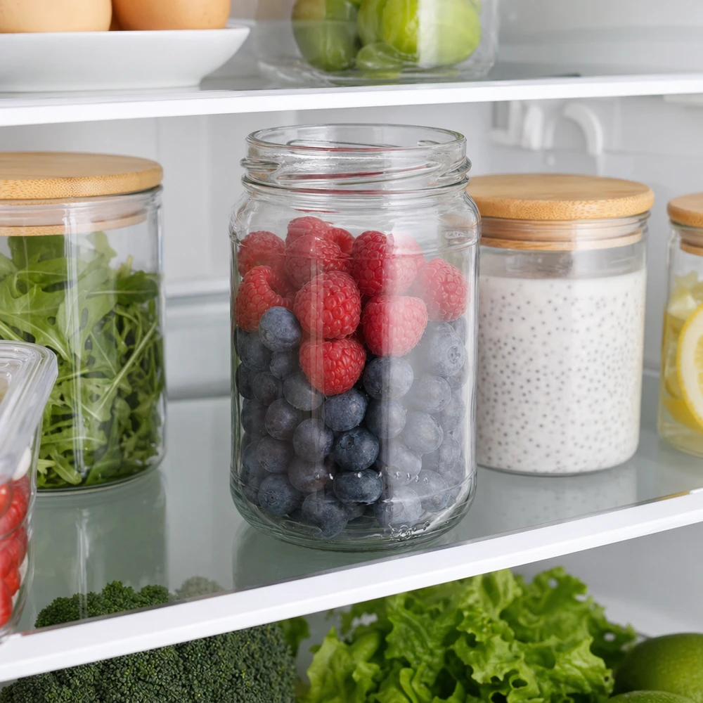 UNiTWIST Runda305 Bocal rond 305ml avec baies dans le frigo, boîte en verre avec couvercle en bois pour la conservation des aliments