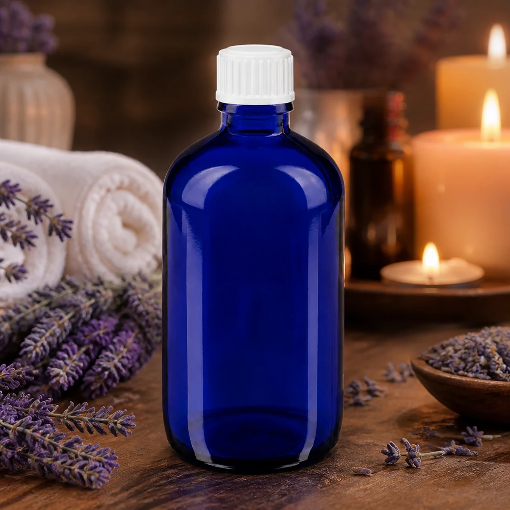 Flacon de pharmacie bleu 100ml bouchon vissable blanc standart Flacon en verre bleu de 100 ml avec bouchon de sécurité blanc pour enfants, destiné aux huiles essentielles
