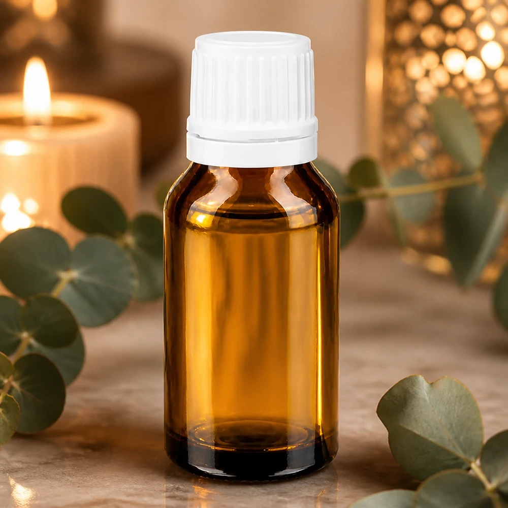 Petite bouteille en verre ambré de 15 ml avec bouchon à vis blanc pour huiles essentielles