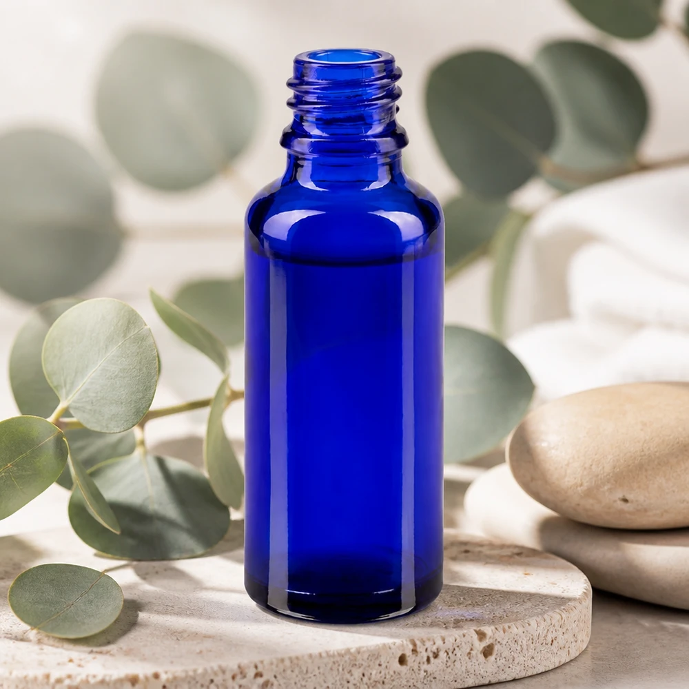 Flacon compte-gouttes pour pharmacie 30 ml DIN18 - verre bleu Flacon de pharmacie ApoGlas de 30 ml, bleu cobalt, avec protection anti-UV, pour huiles essentielles et teintures