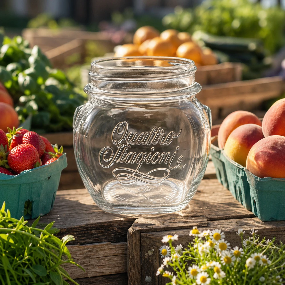 300ml Verre rond "Quattro Stagioni" QS70mm 300ml Quattro Stagioni Verre de ménage vide sur table en bois avec fraises et pêches fraîches dans une cuisine rustique