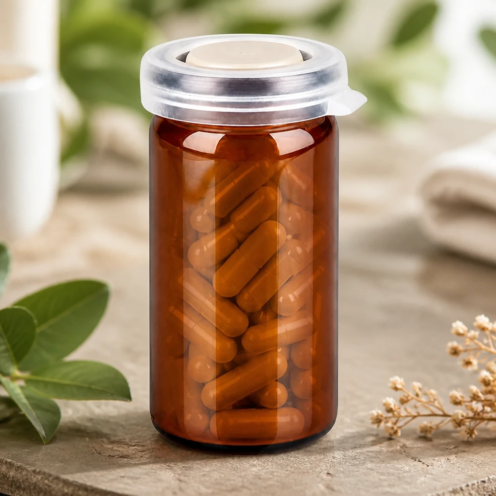 Flacon en verre pharmaceutique brun de 10 ml avec bouchon à encliqueter, rempli de gélules pour compléments alimentaires