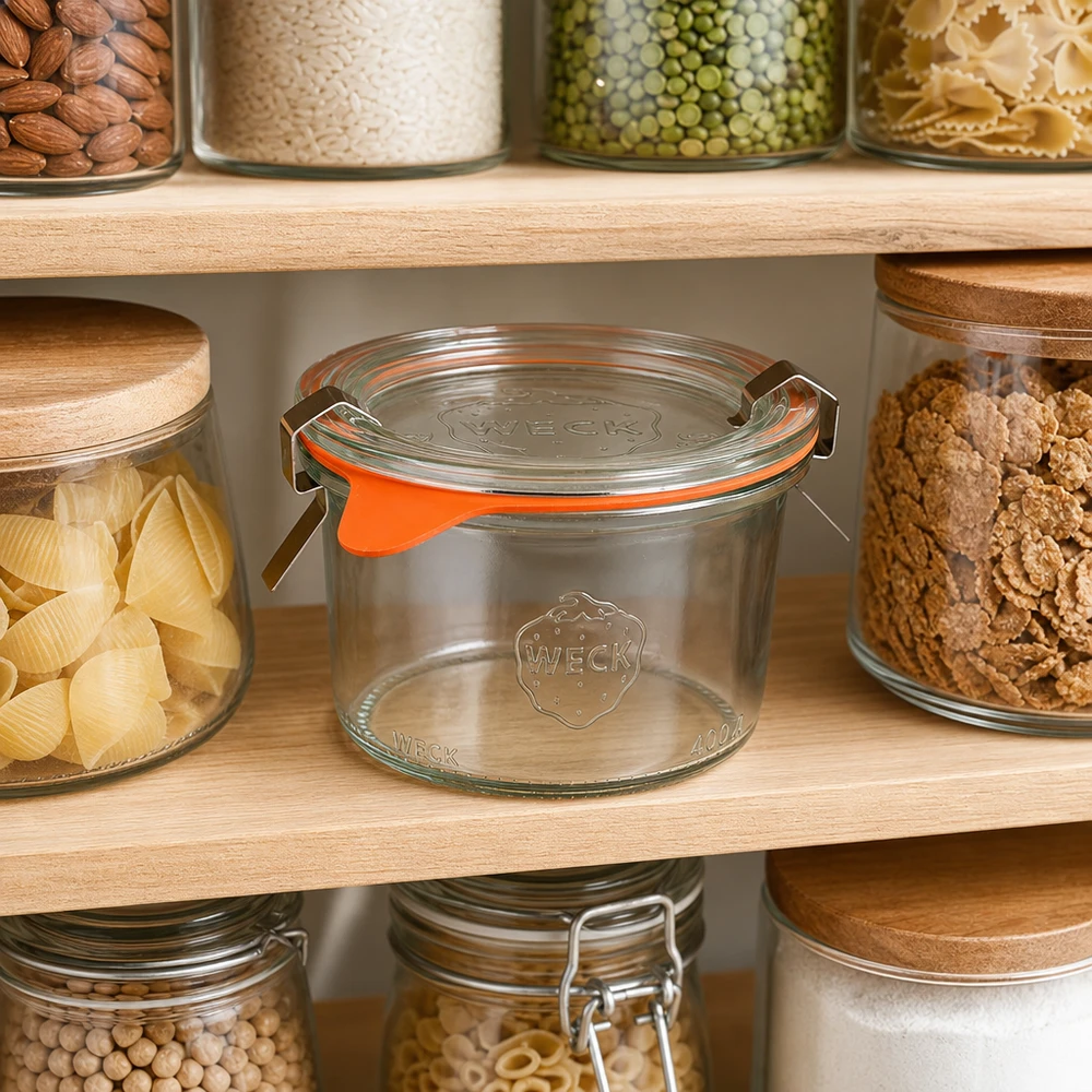 WECK Pot renversé 200ml RR80 pour la conservation des aliments dans une cuisine à provisions organisée avec des noix et des pâtes