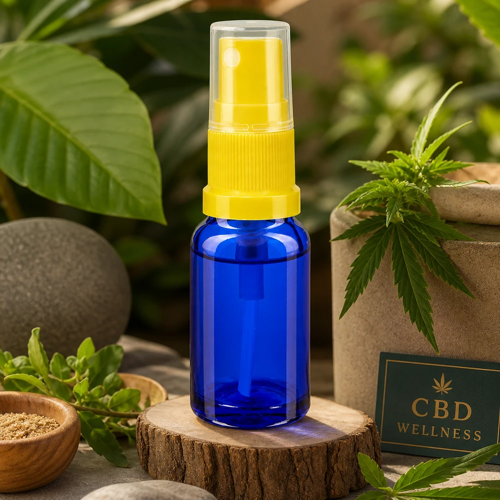 Vaporisateur ApoGlas bleu de 30 ml avec tête de pulvérisation jaune, entre des plants de cannabis et des pierres naturelles
