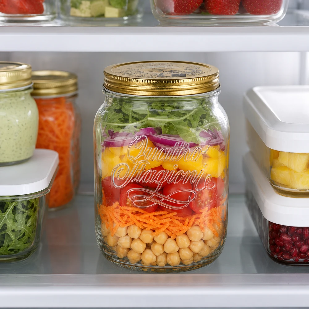 2000ml verre rond "Quattro Stagioni" avec couvercle Bocal Quattro Stagioni 2L avec salade en couches dans le réfrigérateur - bocal de stockage Meal Prep parfait pour les salades fraîches