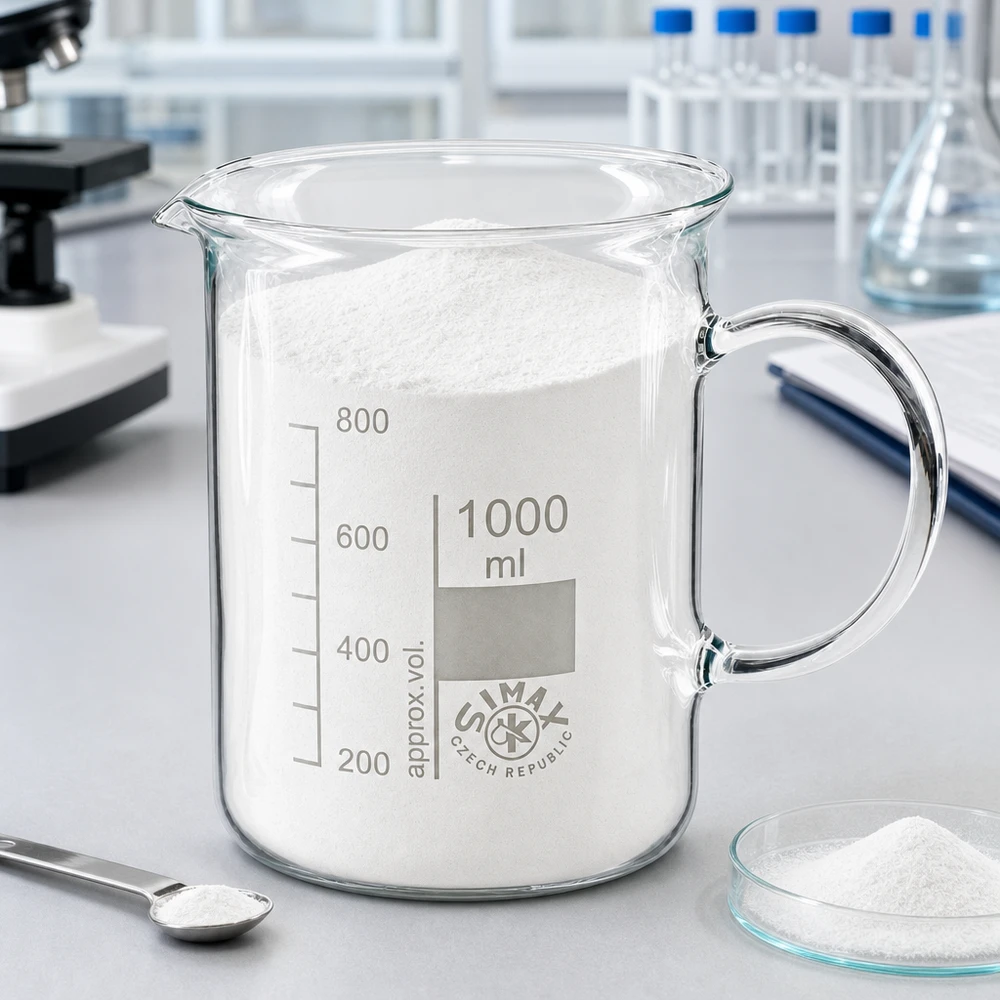 Bécher de 1 000 ml rempli de poudre blanche, à côté d'une boîte de Pétri et d'une cuillère, dans un laboratoire