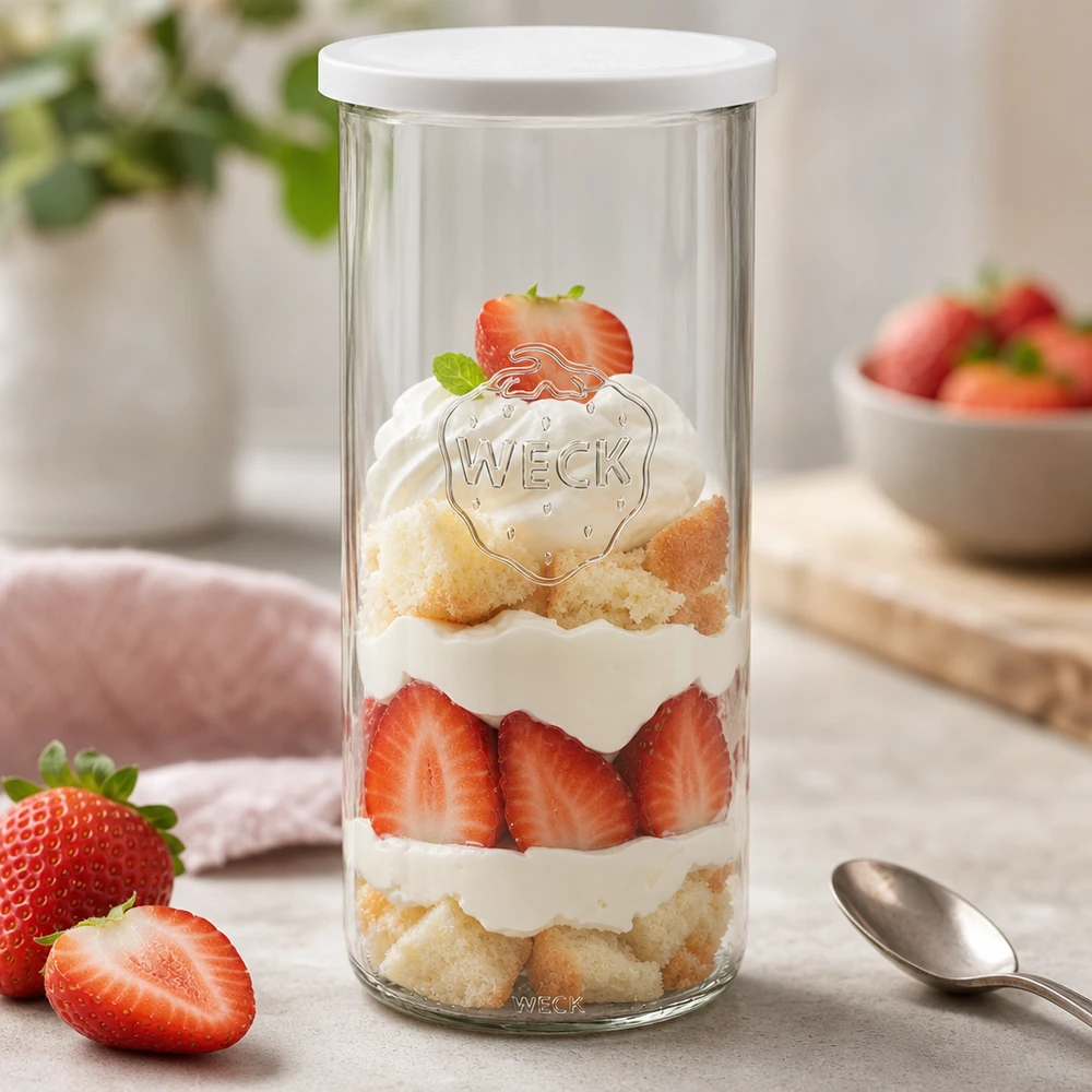 WECK Verre renversé 1500ml RR100 rempli de dessert à la fraise montre une utilisation polyvalente comme assiette à dessert avec cuillère