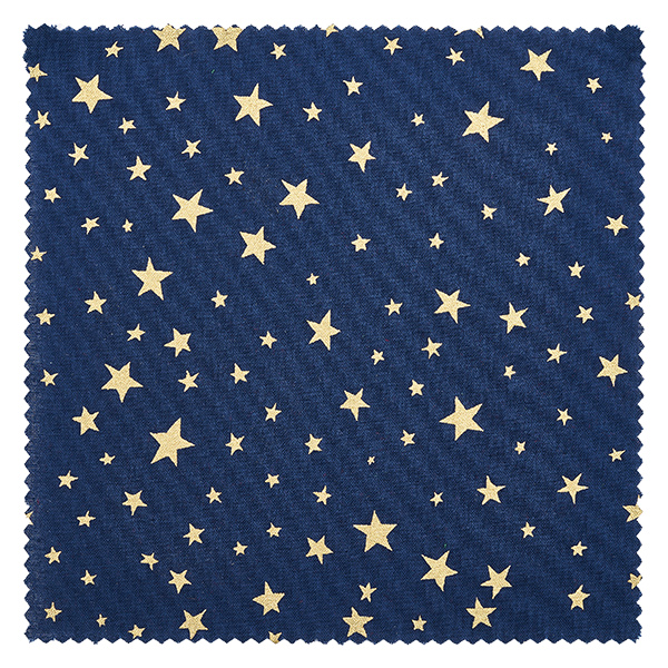 Blaues Stoffdeckchen mit goldenen Sternen verschiedener Größen Detail-Ansicht 15cm quadratisch für Dekoration