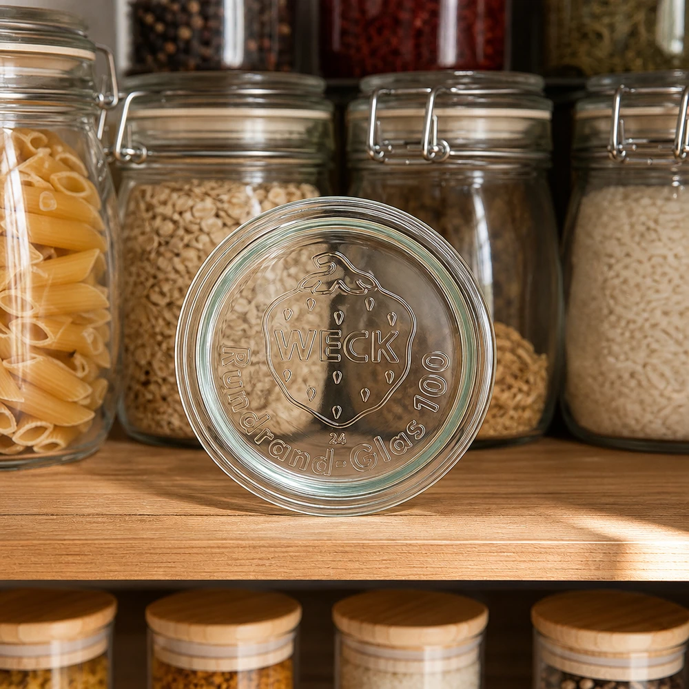 WECK Couvercle en verre RR100 dans une cuisine de réserve avec des bocaux remplis de pâtes, de riz et de céréales sur une étagère en bois