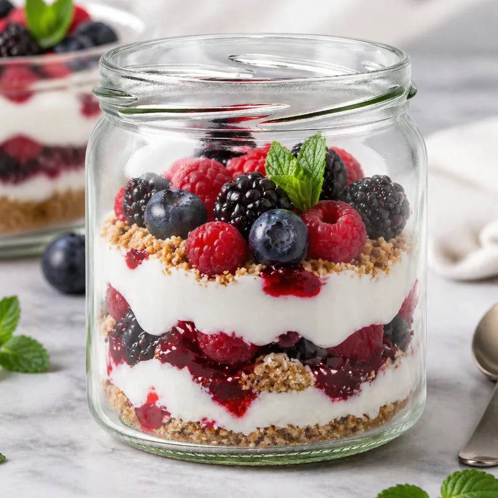 UNiTWIST Runda408 Verre rond 408ml comme verre à dessert avec des couches de yaourt aux baies montre une utilisation polyvalente