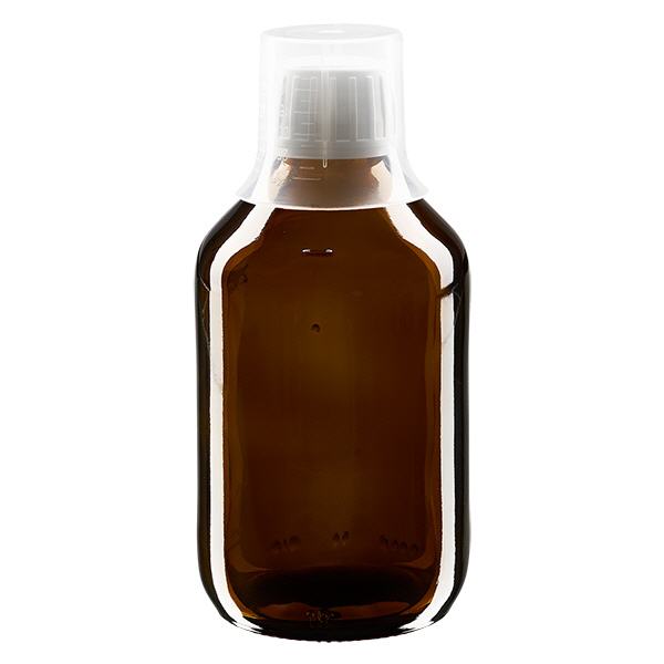 Flacon médical norme européenne de 250 ml, avec bouchon à vis blanc et gobelet doseur de 30 ml