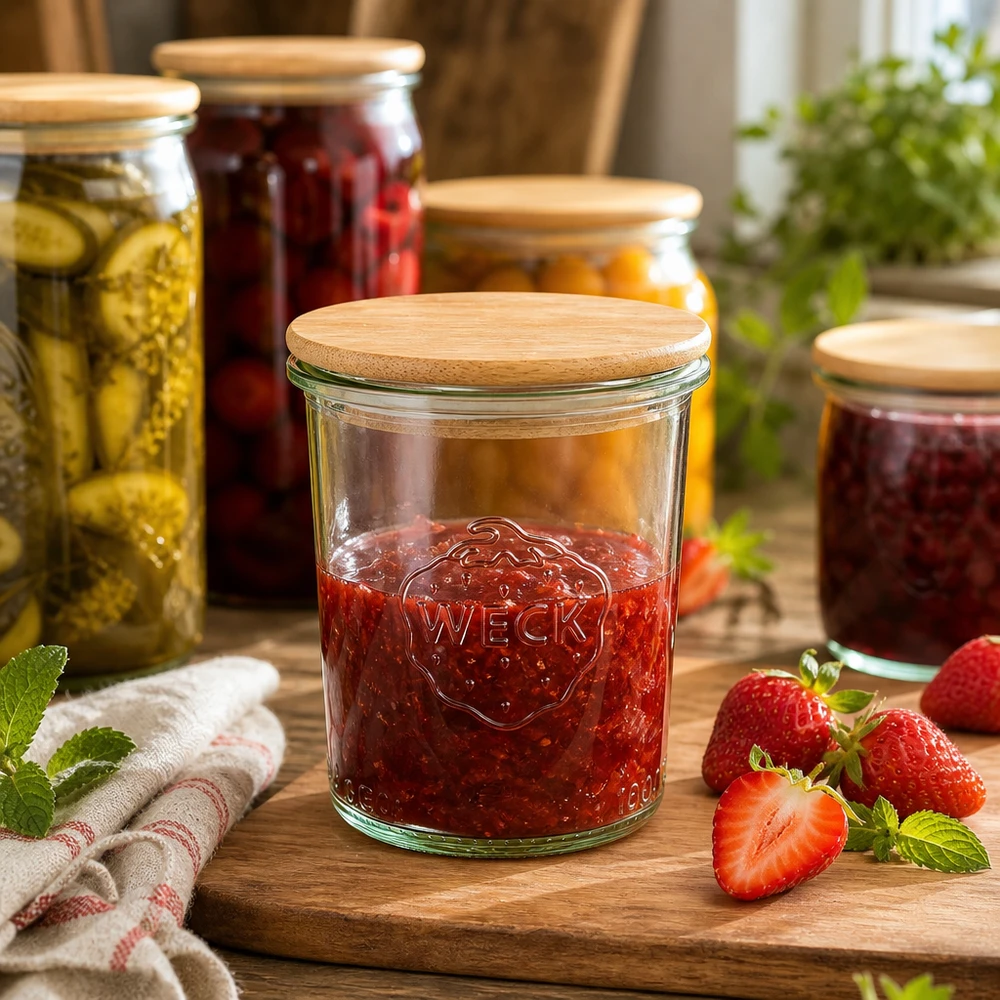 WECK Pot renversé 160ml RR60 Confiture de fraises faite maison Conservation Couvercle en bois Cuisine durable