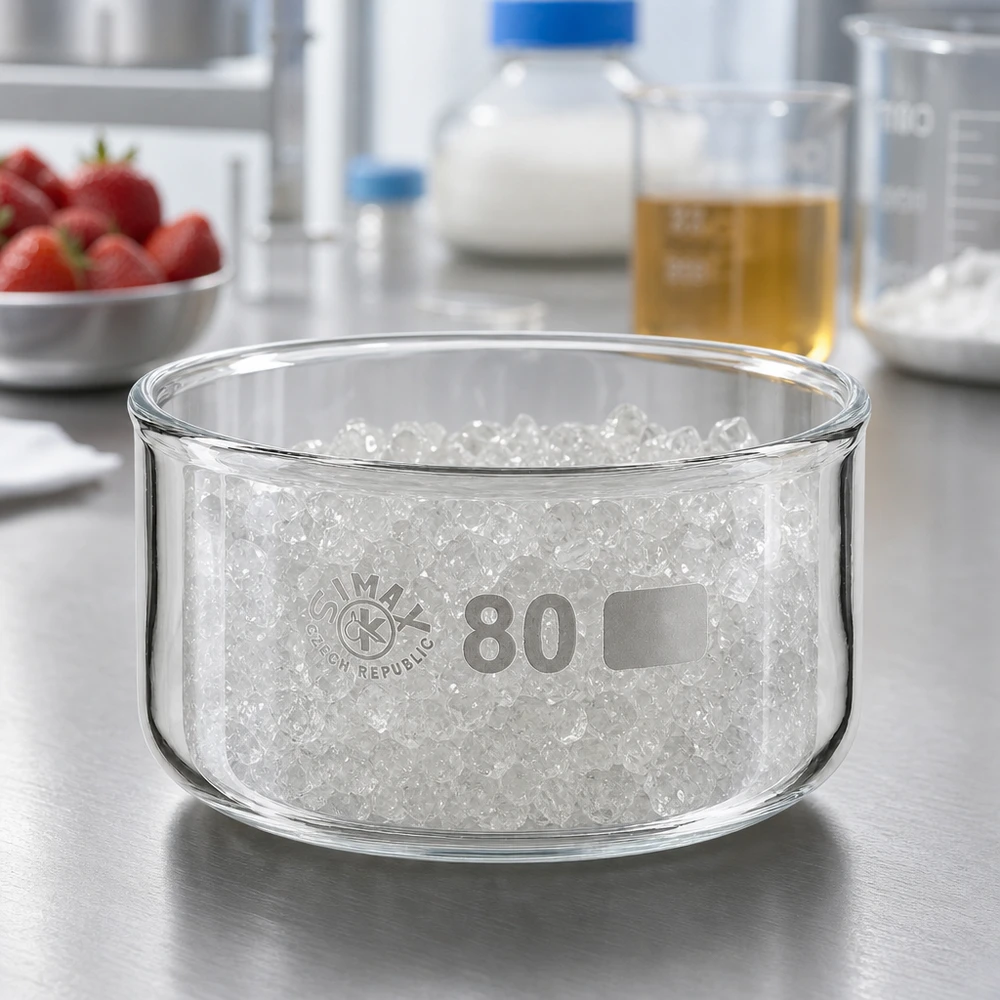 Coupelle de cristallisation 150 ml sans bec verseur Cuve de cristallisation SIMAX de 150 ml contenant des granulés blancs, posée sur un plan de travail en acier inoxydable dans un laboratoire
