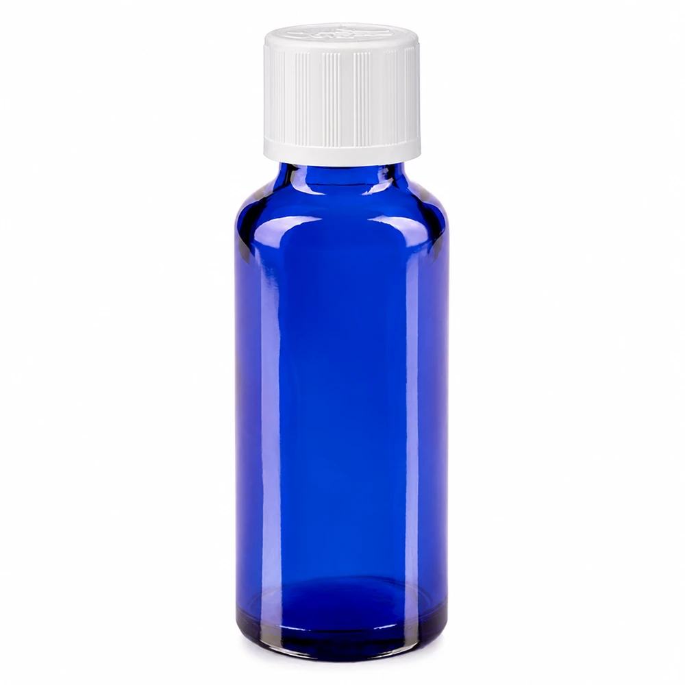 Flacon à pharmacie bleu 30ml bouchon vissable blanc sécurité enfant Flacon de pharmacie en verre bleu de 30 ml avec bouchon de sécurité enfant blanc de 11 mm