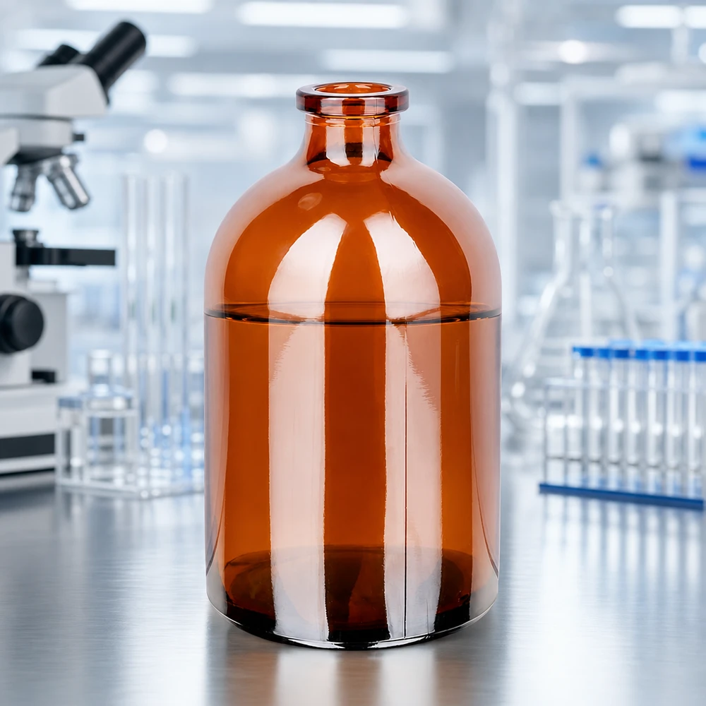 Flacon pour solution injectable, 100 ml en verre ambré Sterile Braunglas-Injektionsflasche 100ml für Infusionslösungen vor professioneller Laborausstattung