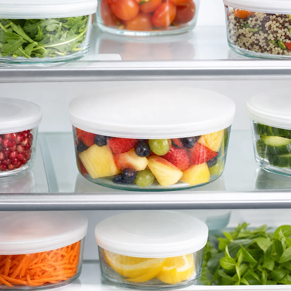 Réfrigérateur avec bocaux WECK et couvercles blancs en silicone UNiTWIST RR80 pour conserver la fraîcheur des fruits et légumes