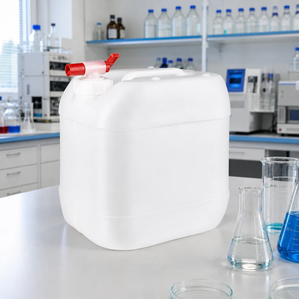 Jerrican de 15 litres avec robinet Bidon rectangulaire en PEHD de 15 litres, muni d'une poignée de transport et d'un robinet de vidange rouge, destiné à un usage en laboratoire