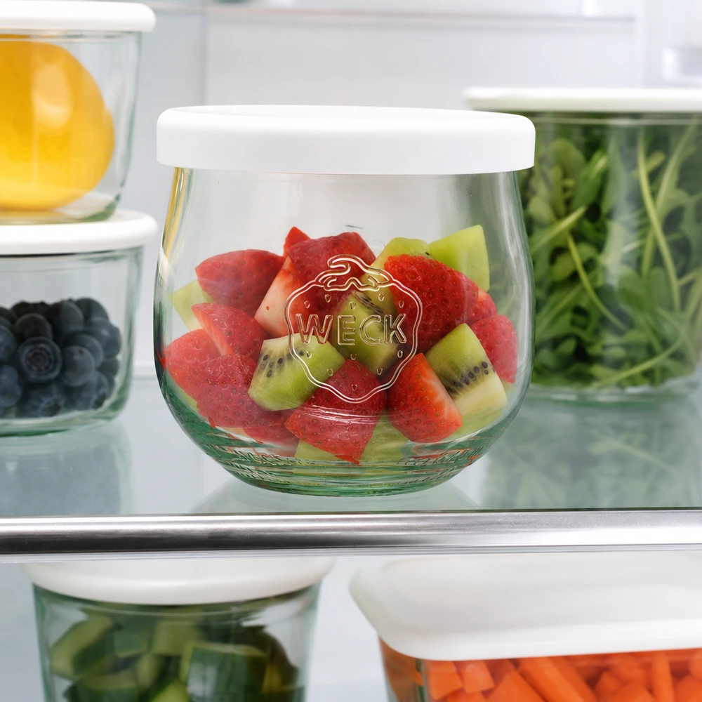 WECK Pot tulipe 370ml avec salade de fruits au réfrigérateur couvercle blanc en silicone Meal Prep conservation des aliments frais bocal de stockage