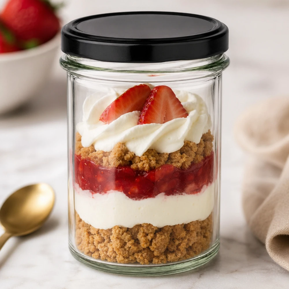 230ml Verre conique avec couvercle BasicSeal noir UNiTWIST Verre renversé de 230 ml avec couvercle noir pour le dessert avec fraises, crème et fond de biscuit.