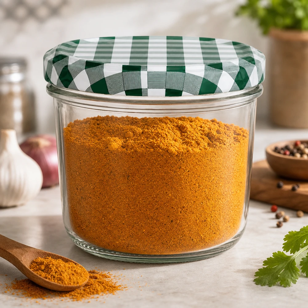 Verre renversé 230ml rempli d'épices Curcuma BasicSeal couvercle vert et blanc à carreaux Conservation cuisine