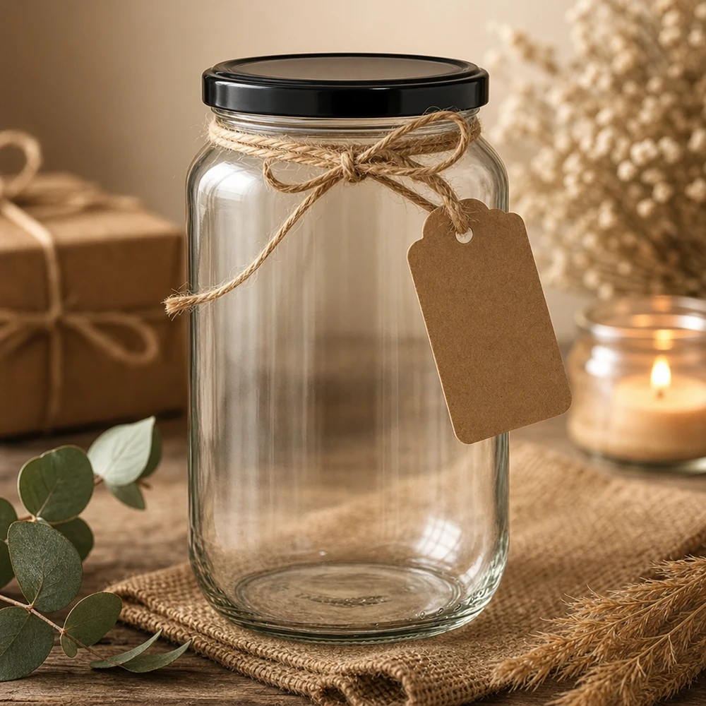1062ml Verre rond avec couvercle BasicSeal noir UNiTWIST Pot rond de 1062ml décoré avec de la ficelle de jute et un pendentif en papier kraft - emballage cadeau élégant pour les bocaux à conserves