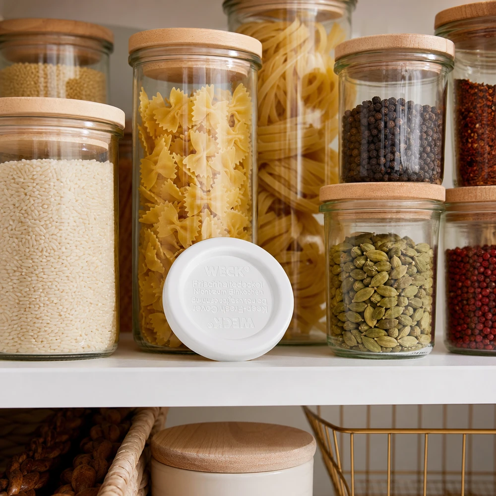 Couvercle fraîcheur WECK RR40 WECK Couvercle de conservation des aliments frais RR40 pour l'organisation des réserves avec des pâtes du riz des épices dans des bocaux avec des couvercles en bois