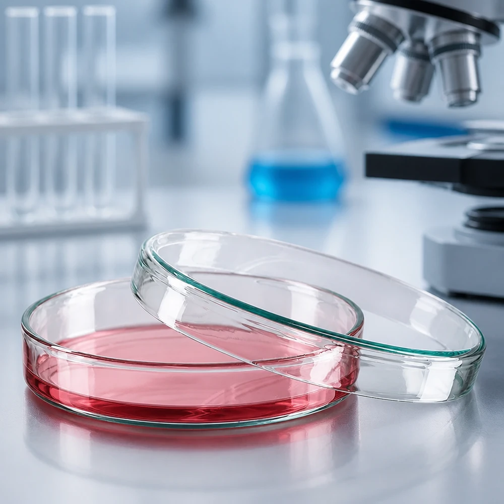 Boîte de Petri en verre sans compartiments, 100x20mm Boîte de Pétri en verre de 100 x 20 mm contenant un milieu de culture rouge, destinée aux cultures cellulaires en laboratoire de recherche