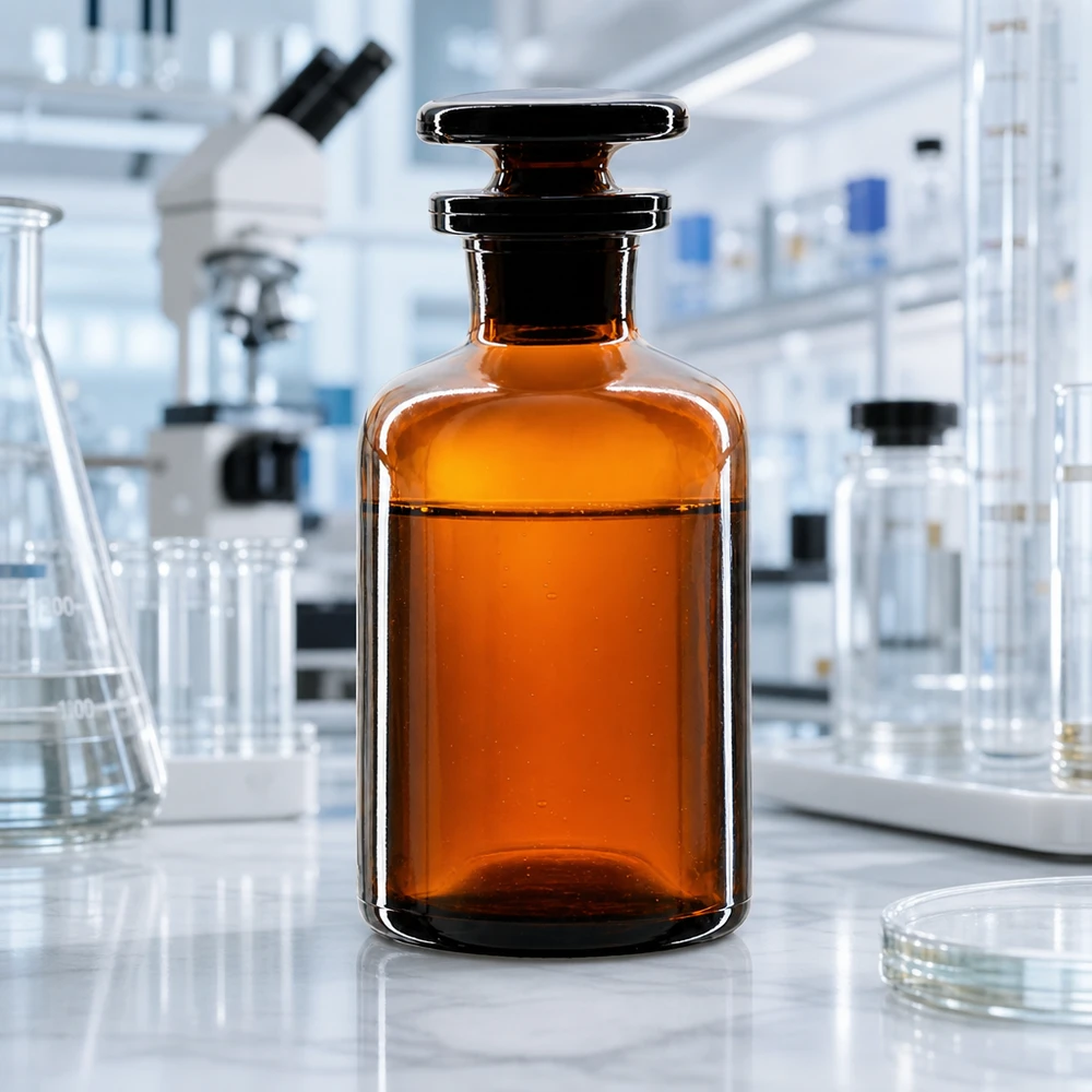 Flacon pharmaceutique 50 ml col étroit en verre ambré + bouchon Flacon à épaulement arrondi de 50 ml, en verre ambré, à col étroit, muni d'un bouchon en verre pour la protection contre les UV des substances sensibles