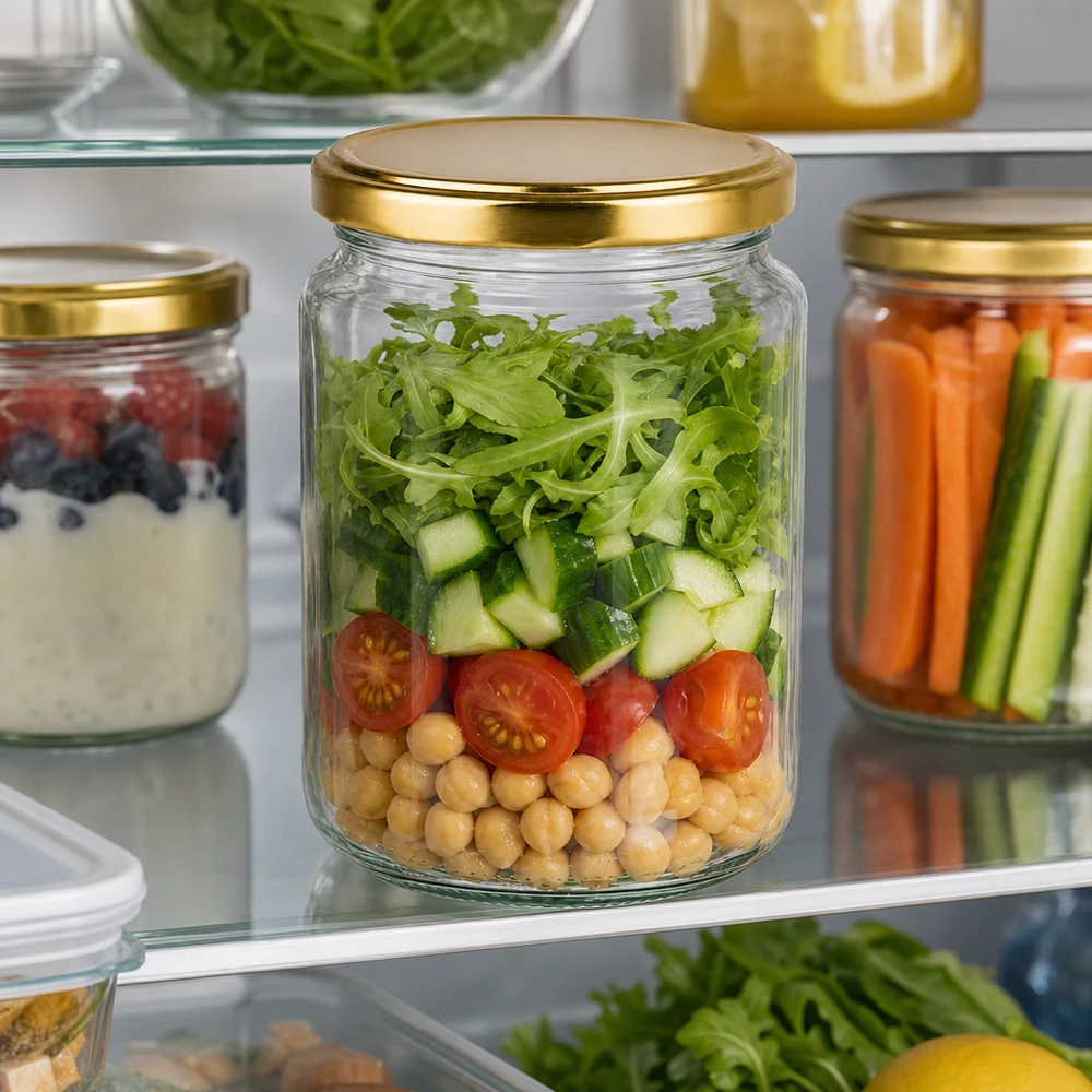 382ml Verre rond avec couvercle BasicSeal or UNiTWIST 382ml Rundglas mit goldenem Deckel für frische Salate im Kühlschrank - perfekte Meal Prep Aufbewahrung