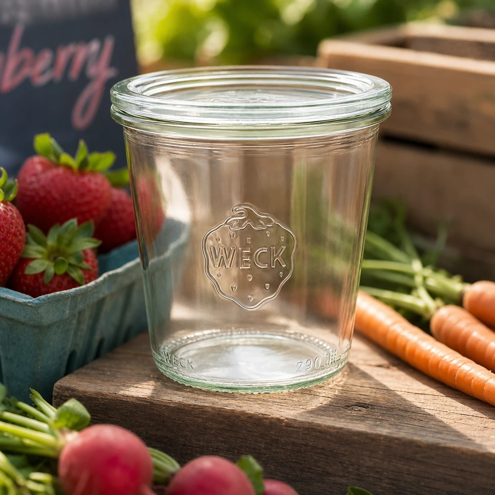 WECK Bocal 290ml RR80 vide sur planche en bois avec fraises fraîches, carottes et radis pour des préparations alimentaires naturelles.