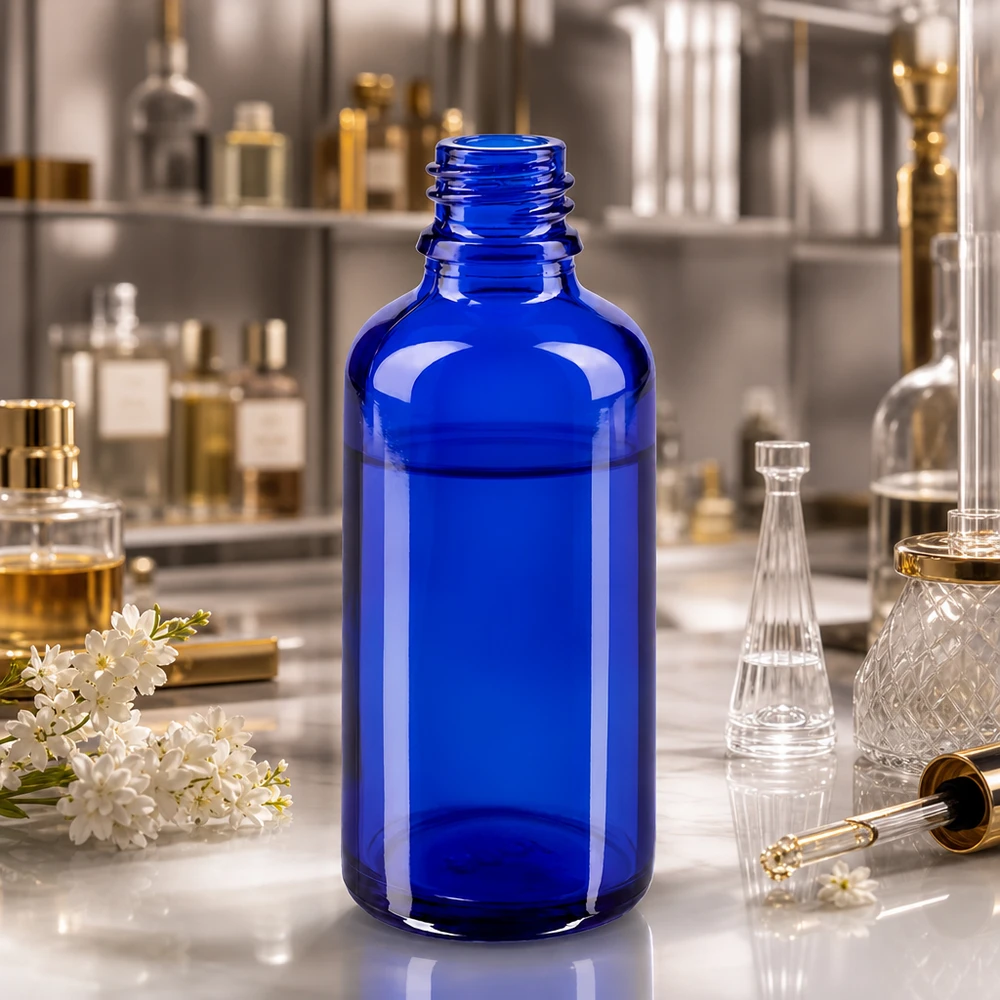Bouteille de pharmacie robuste bleue 50ml ApoGlas avec protection UV pour les liquides sensibles