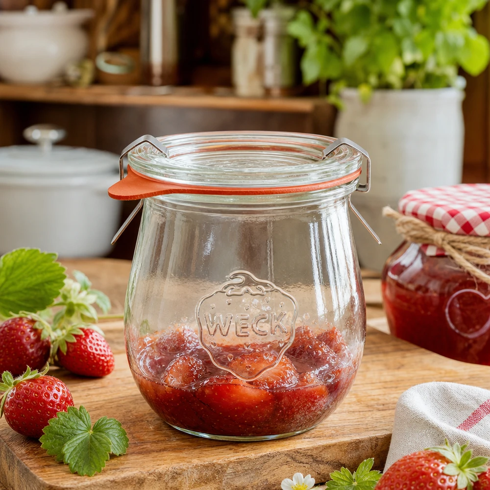 220ml bocal tulipe complet WECK RR60 WECK Pot tulipe 220ml rempli de confiture de fraises sur planche en bois dans une cuisine conviviale avec des fraises fraîches
