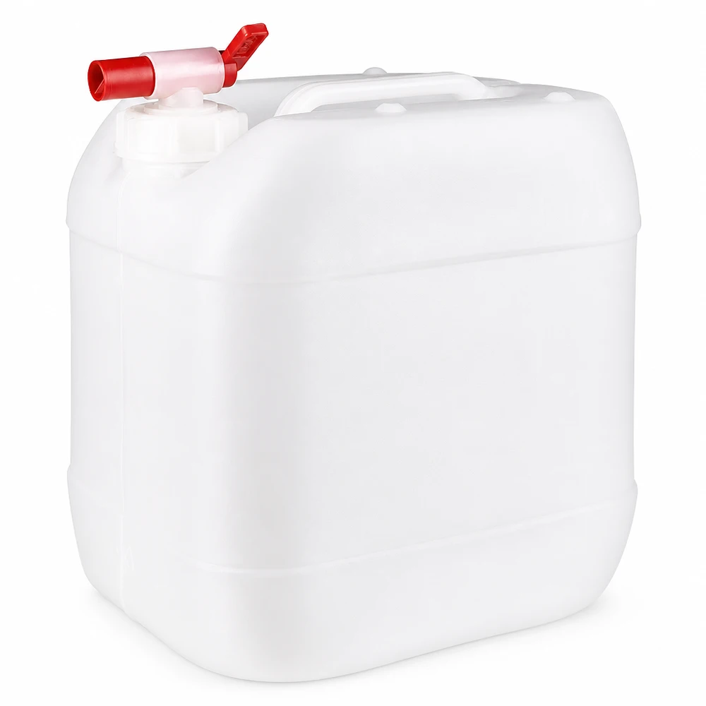 Jerrican de 15 litres avec robinet Bidon en plastique blanc de 15 litres muni d'un robinet de vidange rouge, pour un stockage sûr des liquides