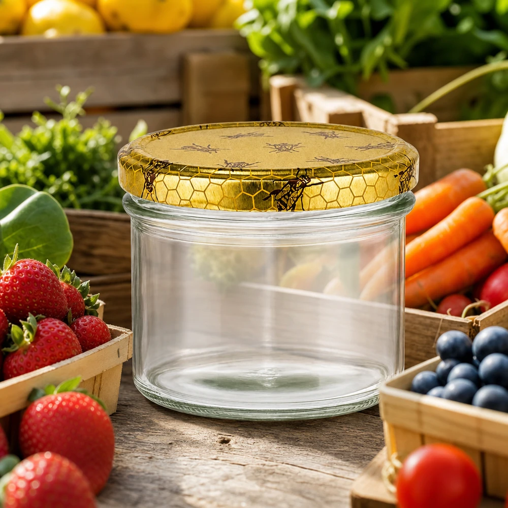 225ml verre renversé + couvercle BasicSeal nid d'abeille UN. 225ml pot renversé vide avec couvercle en nid d'abeille entouré de fruits frais légumes cuisine rustique pot de conservation
