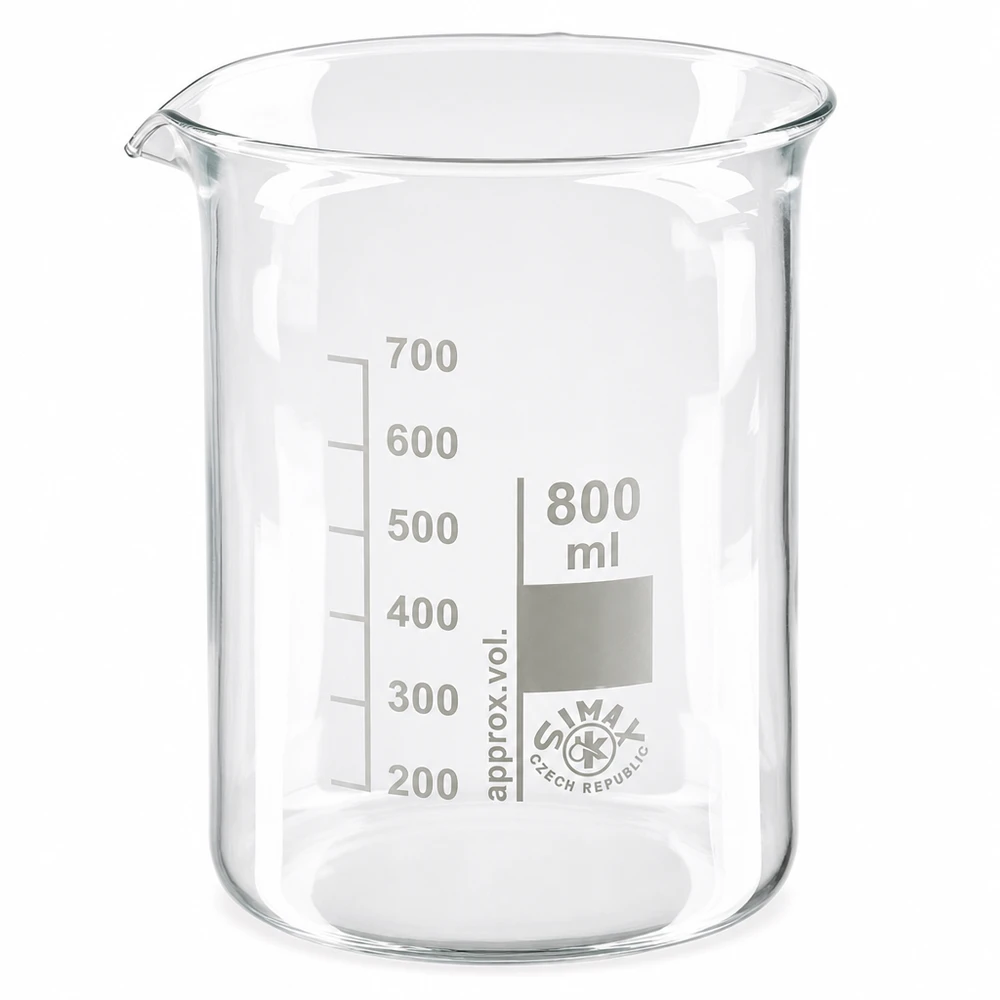Bécher 800ml en verre borosilicate résistant à la chaleur (forme basse) Gobelet 800ml en verre borosilicaté de haute qualité avec bec verseur pour un travail précis en laboratoire